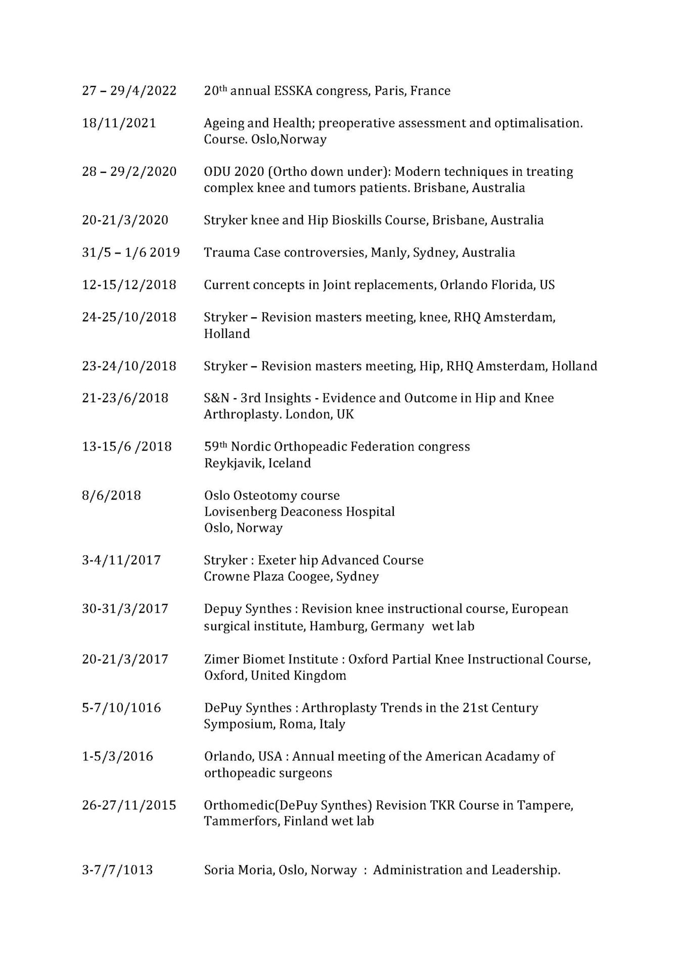 CV for Dr. Frode Vindenes – internasjonale kongresser og kurs innen ortopedisk kirurgi